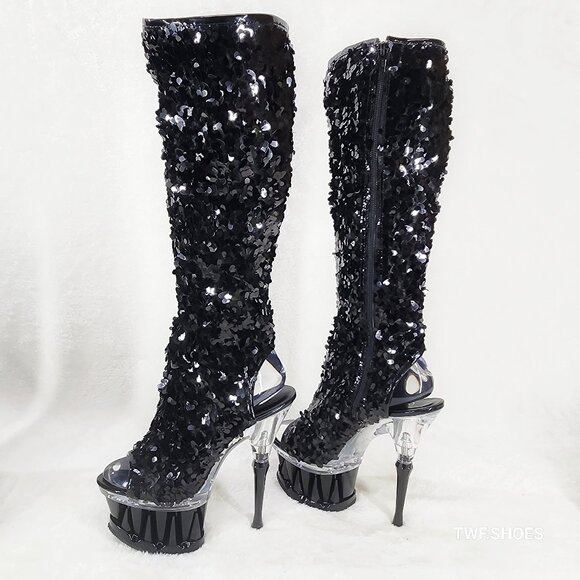 Pleaser Spiky Black Sequin Knee Boots Spiked Design Platform - Picture 4 of 12